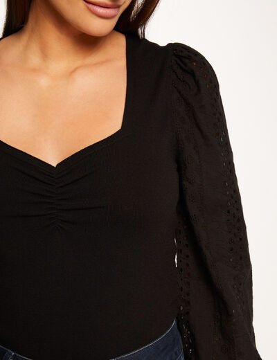 Jumper embroidered puff long sleeves black ladies'