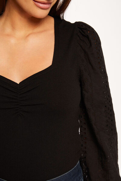 Jumper embroidered puff long sleeves black ladies'
