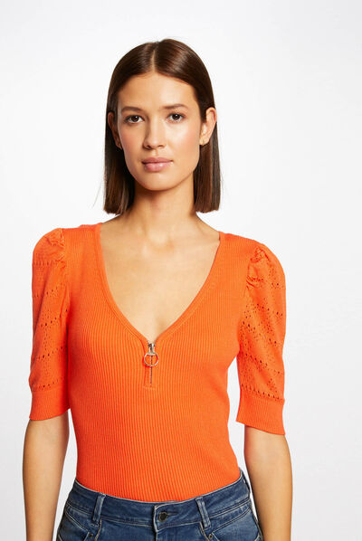 Short-sleeved jumper with V-neck orange ladies'