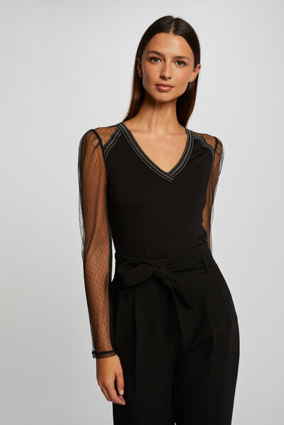 Long-sleeved t-shirt with dobby spot black ladies'