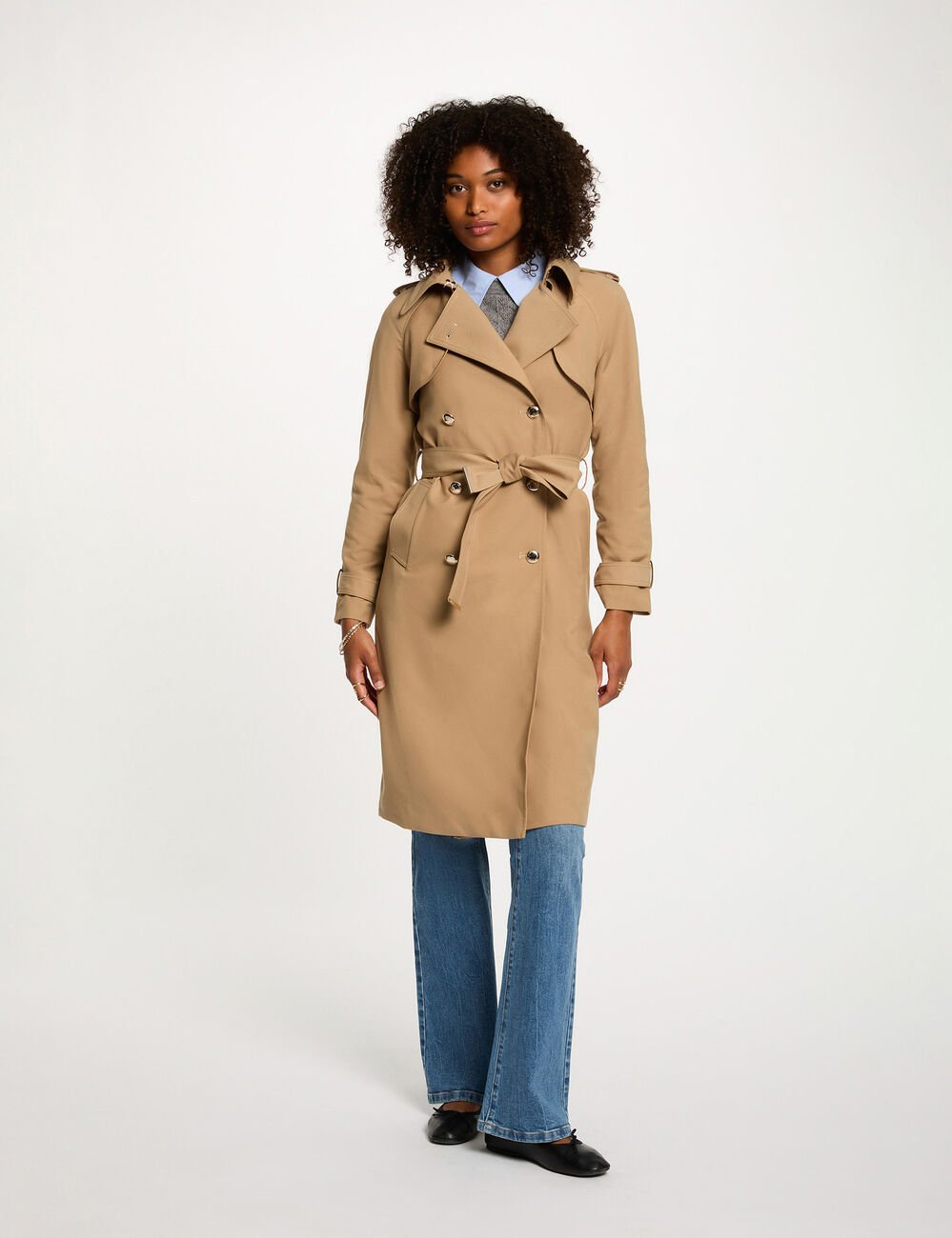 Trench long col tailleur beige femme