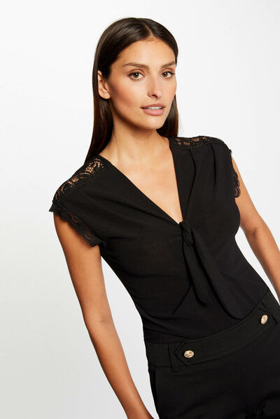 Short-sleeved t-shirt with bow black ladies'