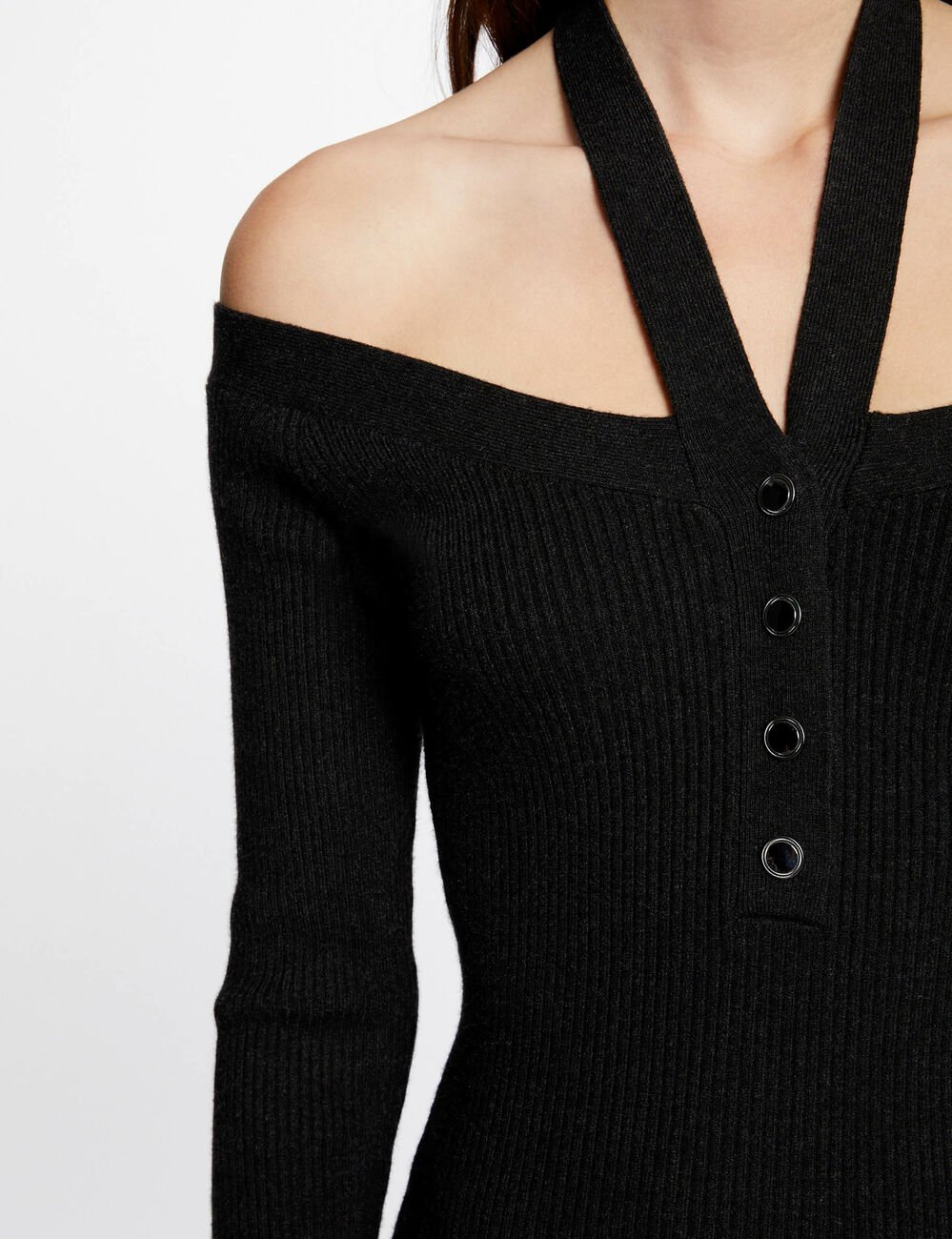 Robe pull ajustée col bardot gris anthracite femme