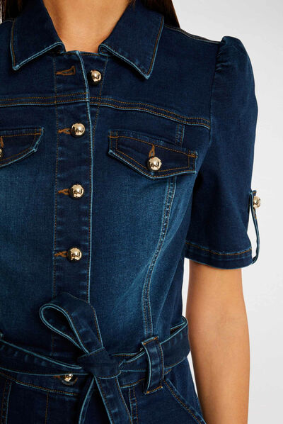 Belted buttoned playsuit raw denim ladies'