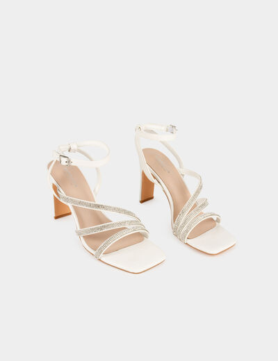 Sandals with heels and rhinestones white ladies'