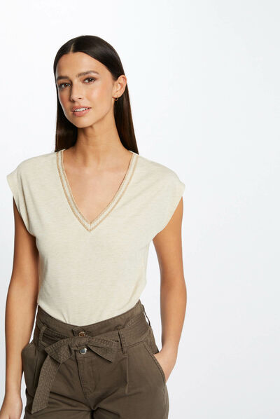 Short-sleeved t-shirt with V-neck sand ladies'