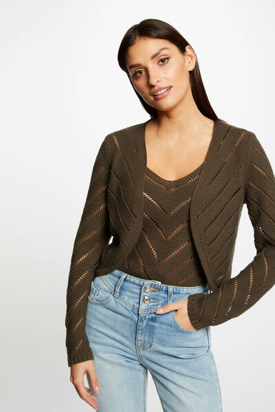 Long-sleeved cardigan openwork details khaki green ladies'