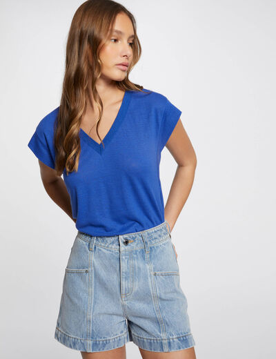 Short-sleeved t-shirt with V-neck electric blue ladies'