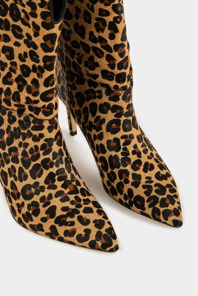 Leather boots with leopard print chestnut brown ladies'