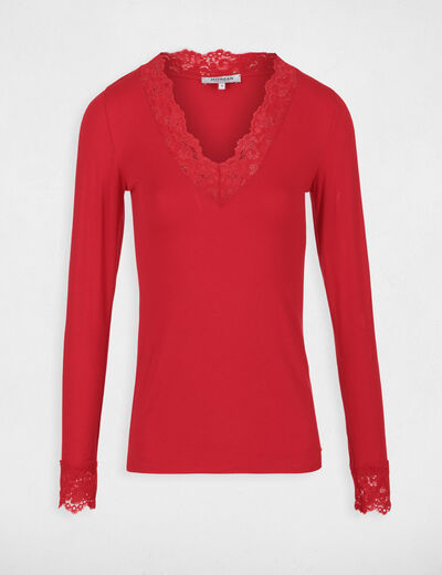 Long-sleeved T-shirt with lace red women