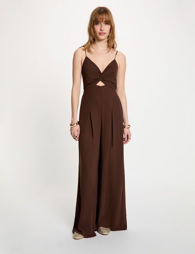 Wide-leg jumpsuit with V-neck dark brown women
