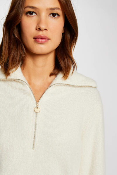 Long-sleeved jumper with zipped collar ivory ladies'