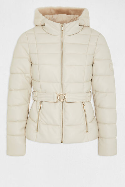 Waisted faux leather padded jacket ivory ladies'