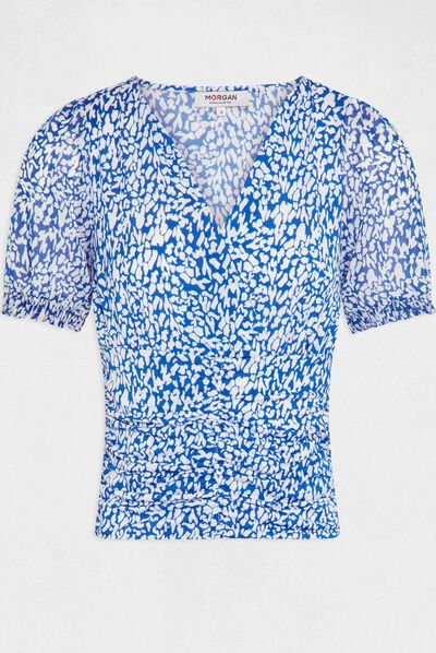 Short-sleeved t-shirt abstract print blue ladies'