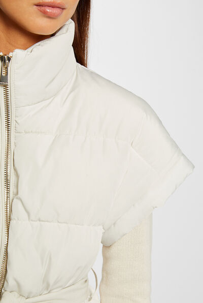 Straight padded jacket with belt ivory ladies'