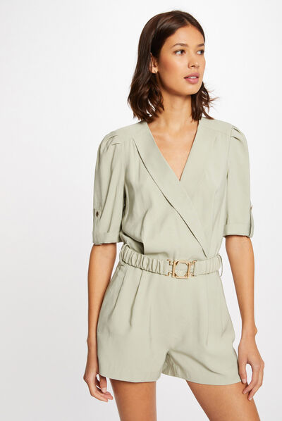 Straight belted jumpsuit light green ladies'