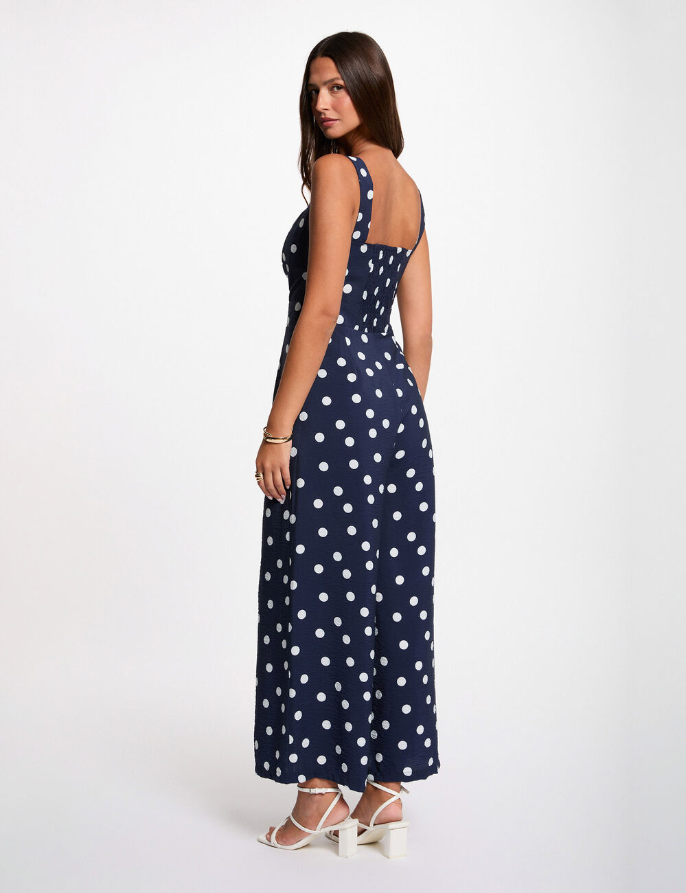 Flowy polka dot jumpsuit navy blue women