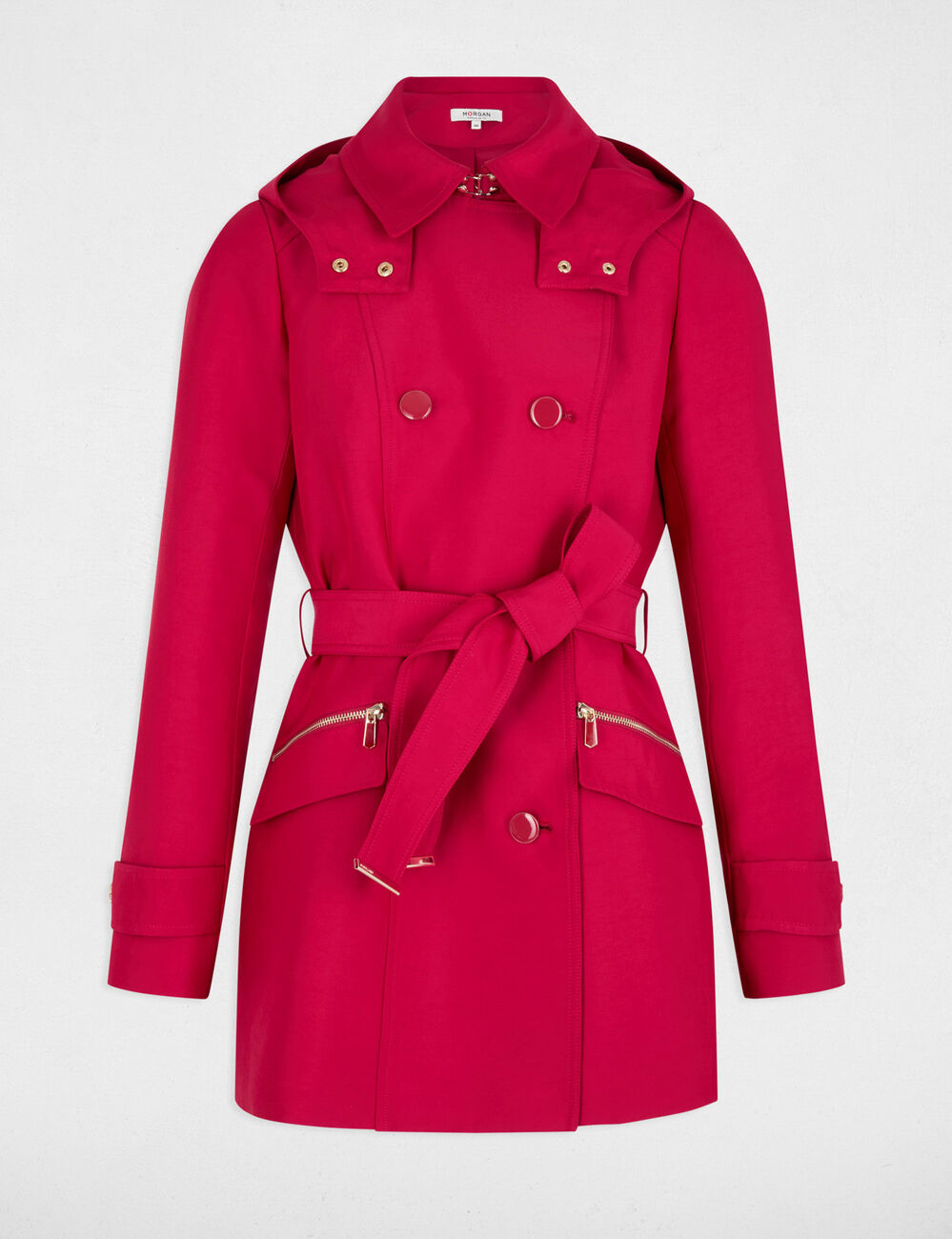 Waisted belted trenchcoat with hood red women