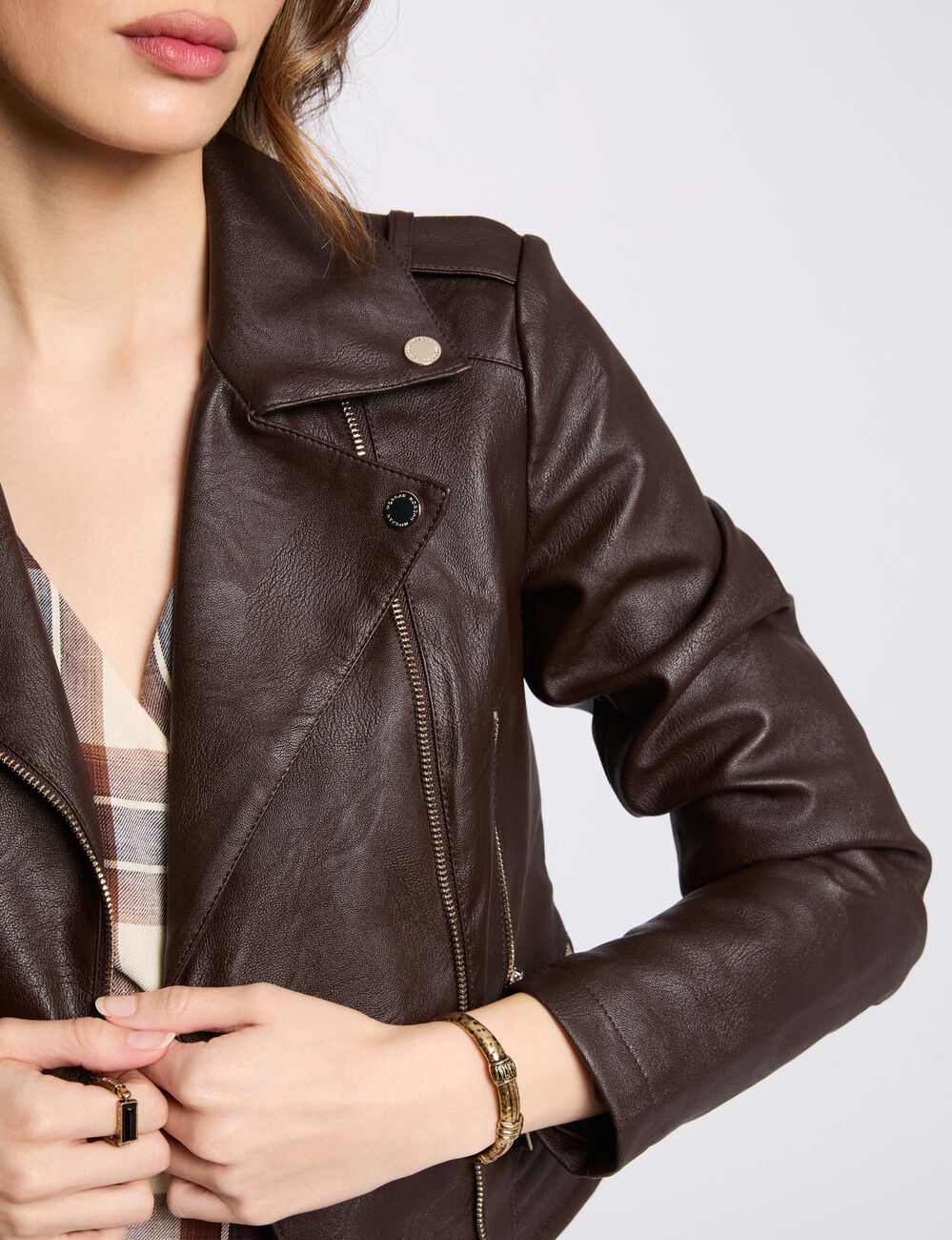 Blouson droit avec col cranté à revers marron foncé femme