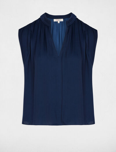 Satin short-sleeved blouse navy blue women