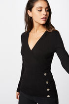 Long-sleeved jumper wrap-over neckline black women