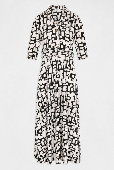 Maxi A-line dress with abstract print ecru ladies'
