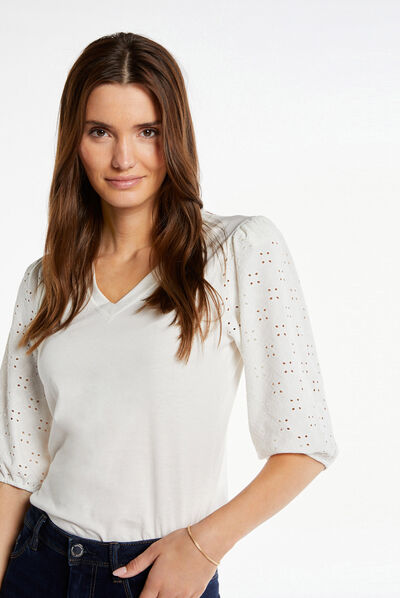 Embroidered 3/4-length sleeved t-shirt ecru ladies'