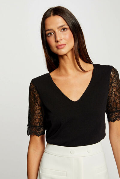 Jumper short-sleeves with lace black ladies'