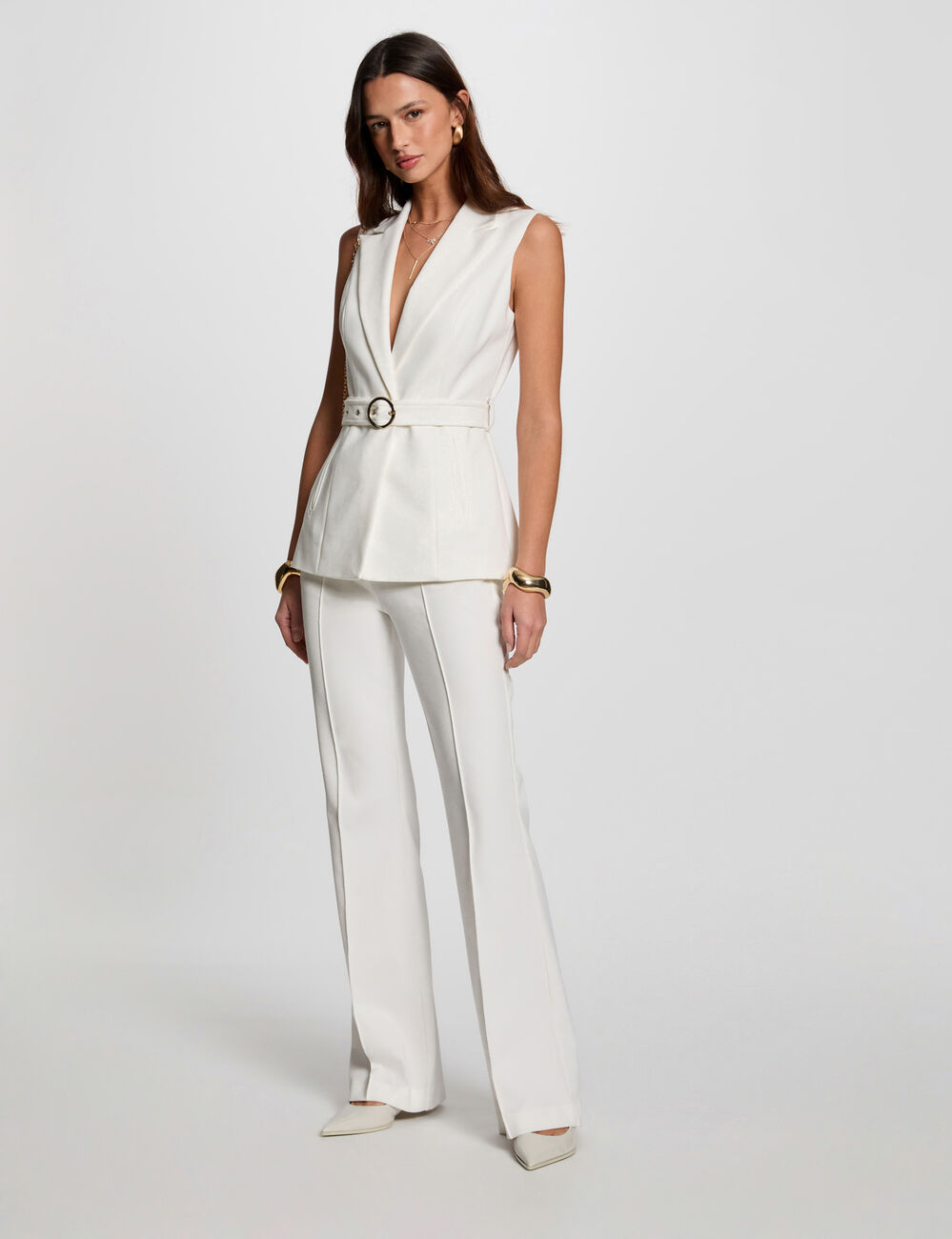 Sleeveless straight jacket with belt white women
