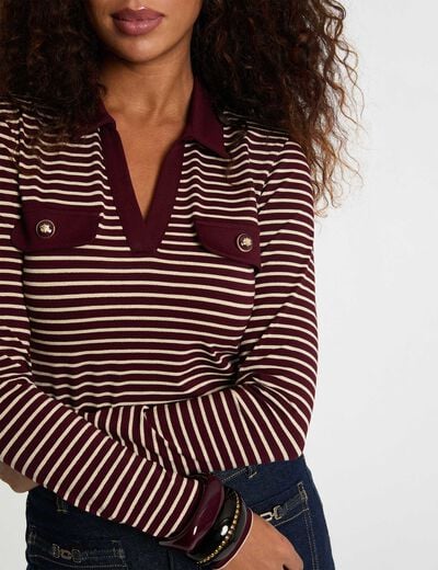 Striped long-sleeved polo bordeaux women