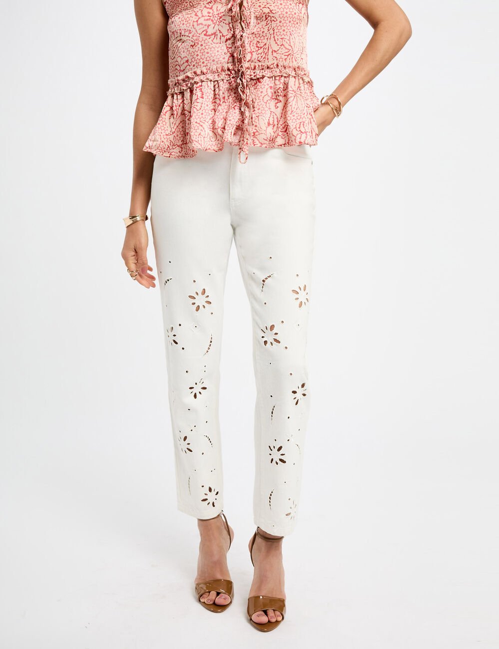 Embroidered straight jeans white women