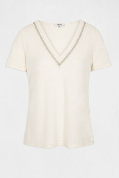 Short-sleeved t-shirt jewelled details ivory ladies'