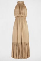 Robe longue évasée fluide beige femme