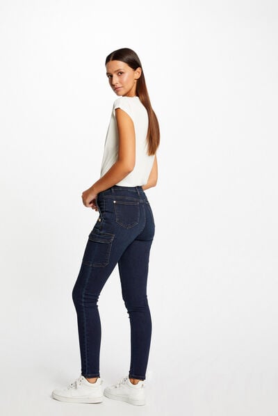 Skinny cargo trousers with buttons raw denim ladies'