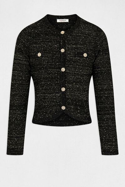 Buttoned cardigan metallised threads black ladies'