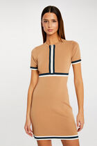 Fitted dress zip and contrasting strips camel women