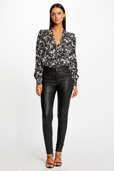 Skinny trousers wet effect vinyl details black ladies'