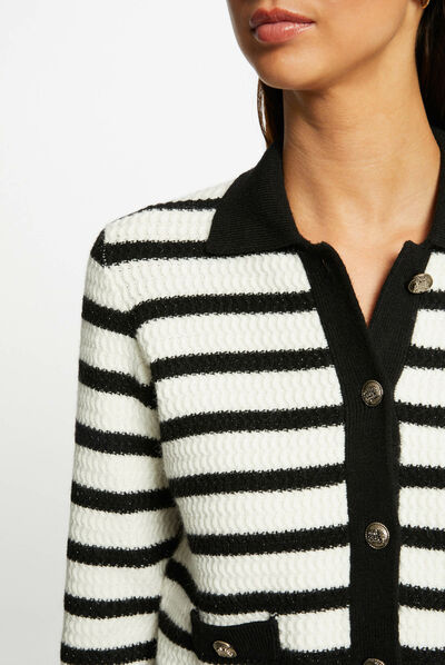 Buttoned straight cardigan with stripes ecru ladies'