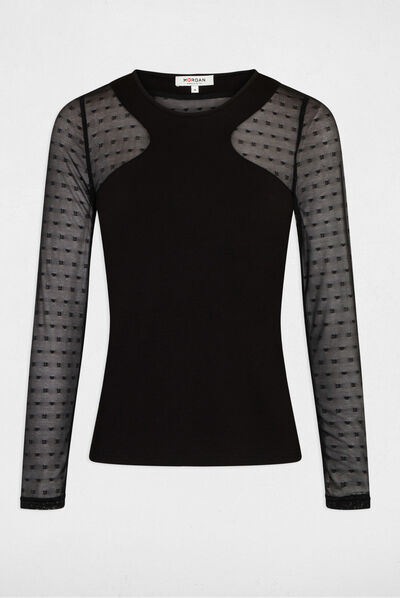 Long-sleeved t-shirt with dobby spot black ladies'