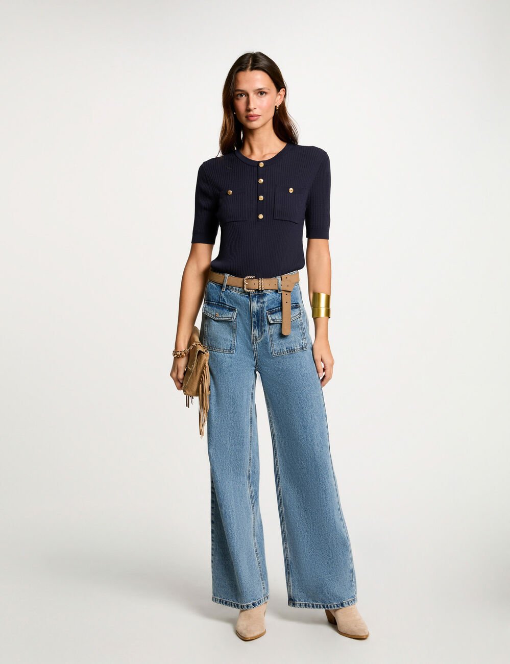 Pull manches courtes col rond bleu marine femme