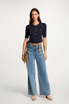 Pull manches courtes col rond bleu marine femme