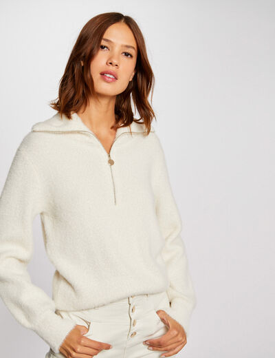 Long-sleeved jumper with zipped collar ivory women