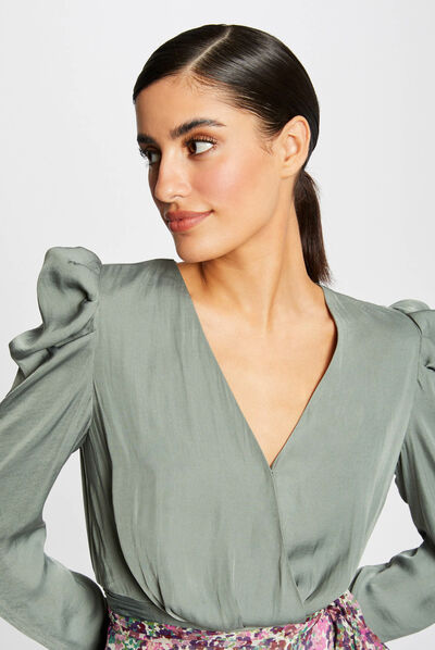 Long-sleeved blouse wrap-over neckline mid-green ladies'