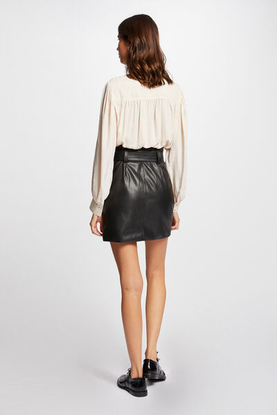 High-waisted belted straight skirt black ladies'