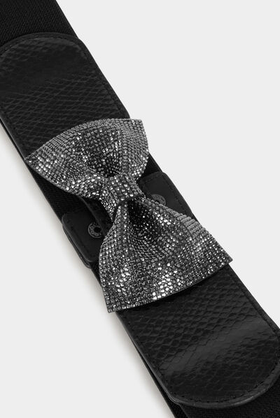 Elasticised belt with rhinestones bow black ladies'