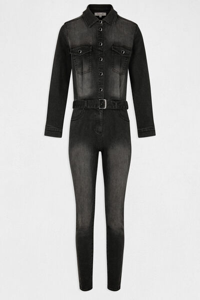 Fitted belted denim jumpsuit anthracite grey ladies'