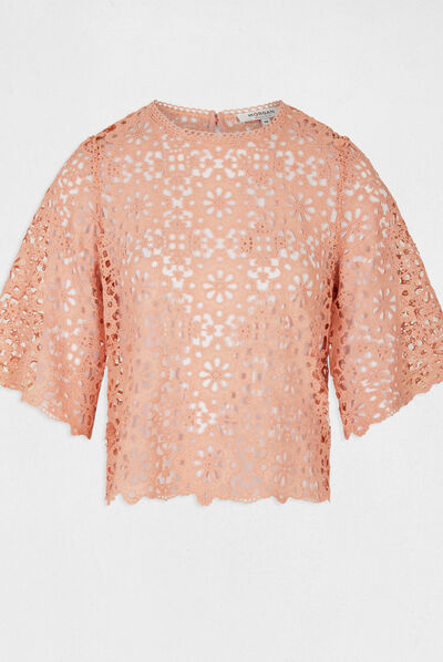 Short-sleeved blouse with lace medium pink ladies'
