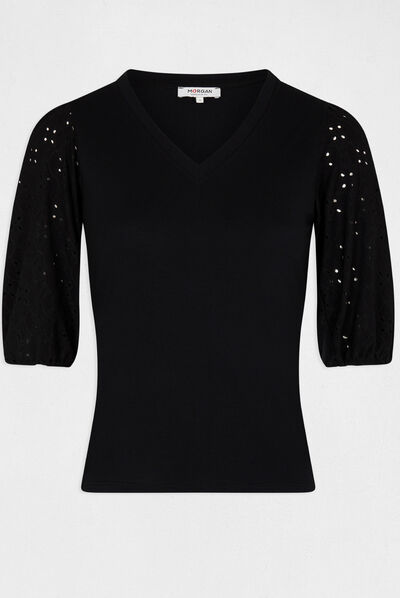 Embroidered 3/4-length sleeved t-shirt black ladies'