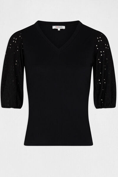 Embroidered 3/4-length sleeved t-shirt black ladies'
