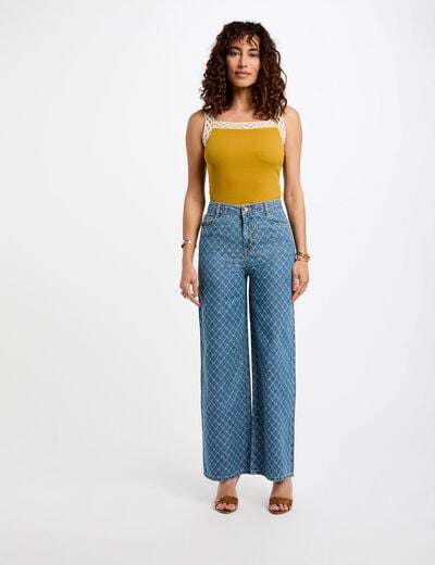 Printed wide leg jeans stone wash denim women